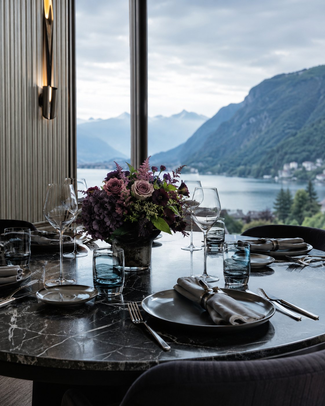 Table de marbre sombre dressée devant le lac, bouquet de fleurs prunes